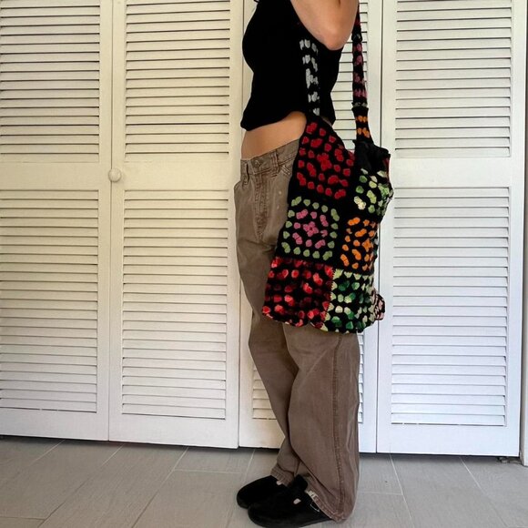 handmade rainbow grandma square crochet tote - Picture 2 of 6
